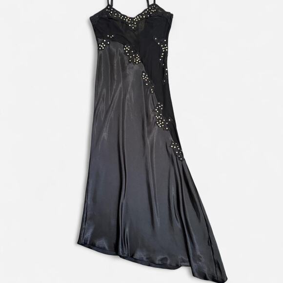 Ashro Black Satin & Sheer Mesh Gold Sequin Asymmetrical Maxi Lingerie Slip Dress - Picture 5 of 7